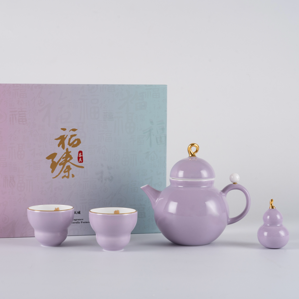 吉祥葫蘆茶具套裝（兩人份）：茶壺、茶杯、擺飾和杯墊