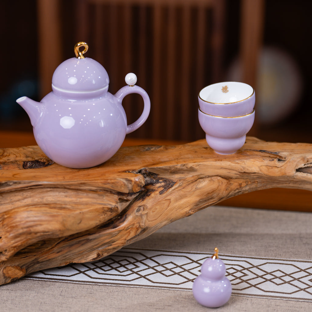 吉祥葫蘆茶具套裝（兩人份）：茶壺、茶杯、擺飾和杯墊