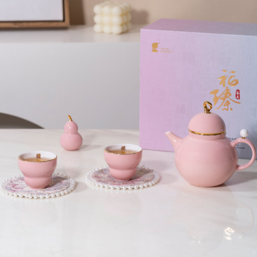 吉祥葫蘆茶具套裝（兩人份）：茶壺、茶杯、擺飾和杯墊