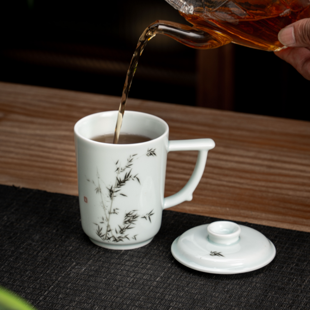 Noble Bamboo Qingbai Porcelain Mug with Lid, 8.79 fl.oz. 260mL