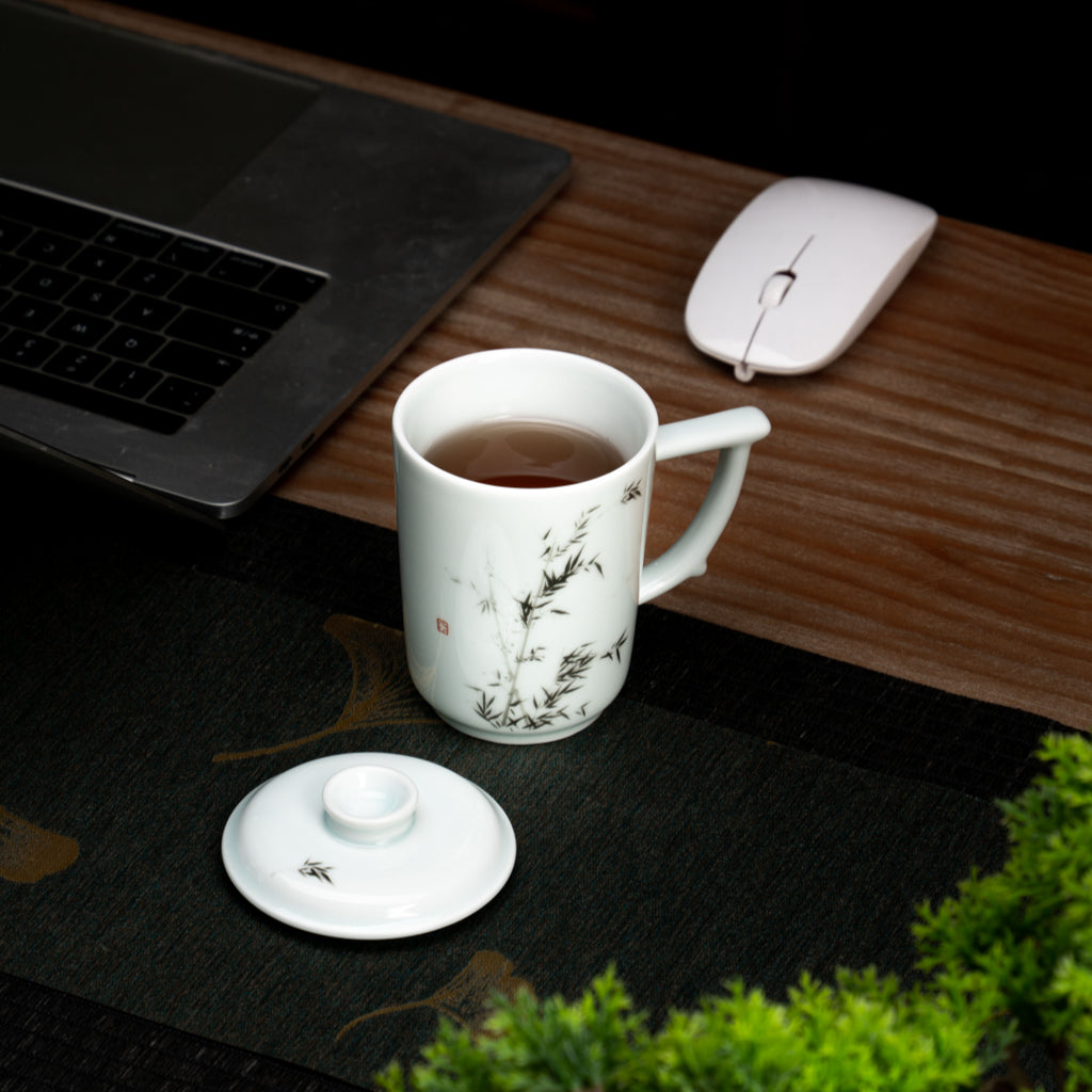 Noble Bamboo Qingbai Porcelain Mug with Lid, 8.79 fl.oz. 260mL