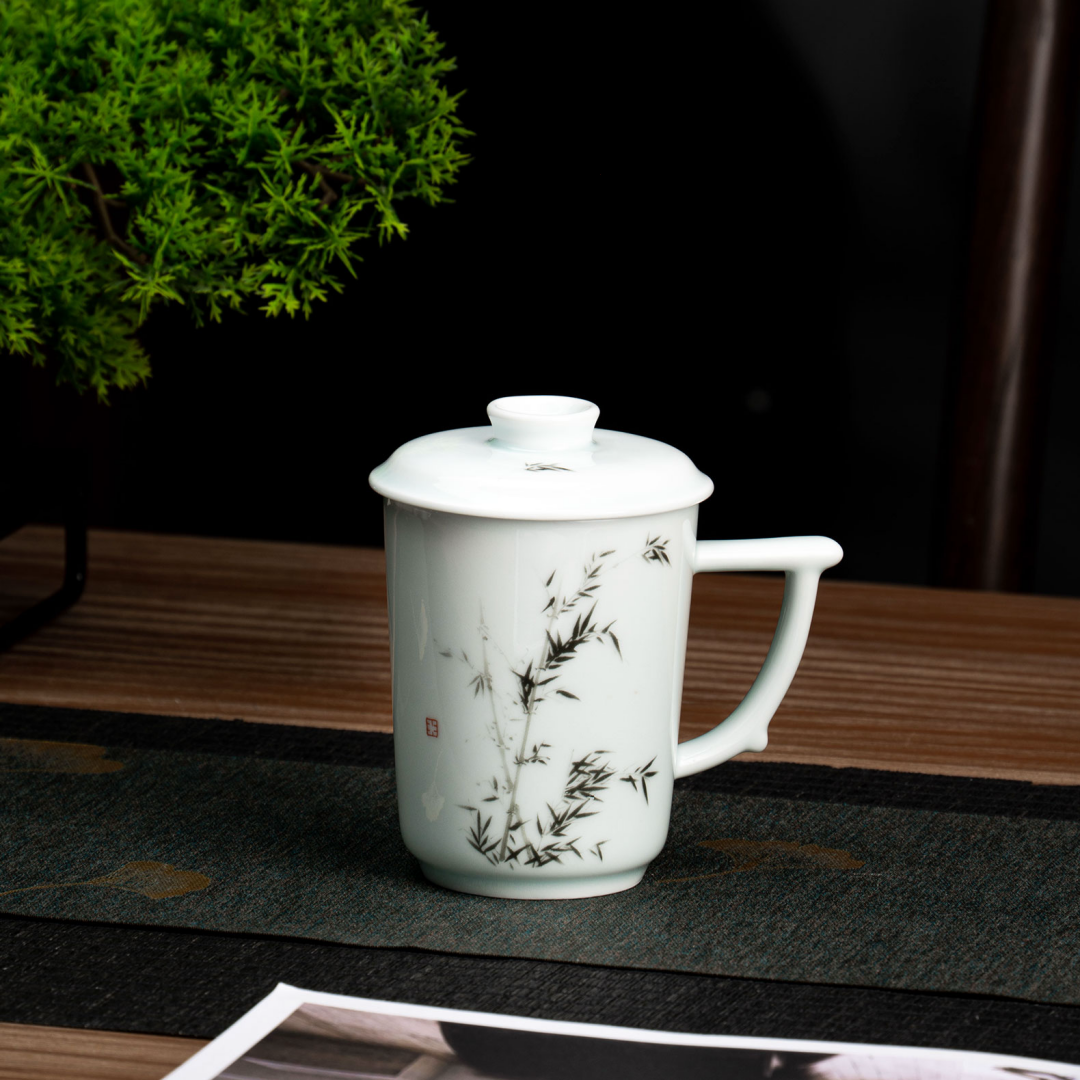Noble Bamboo Qingbai Porcelain Mug with Lid, 8.79 fl.oz. 260mL
