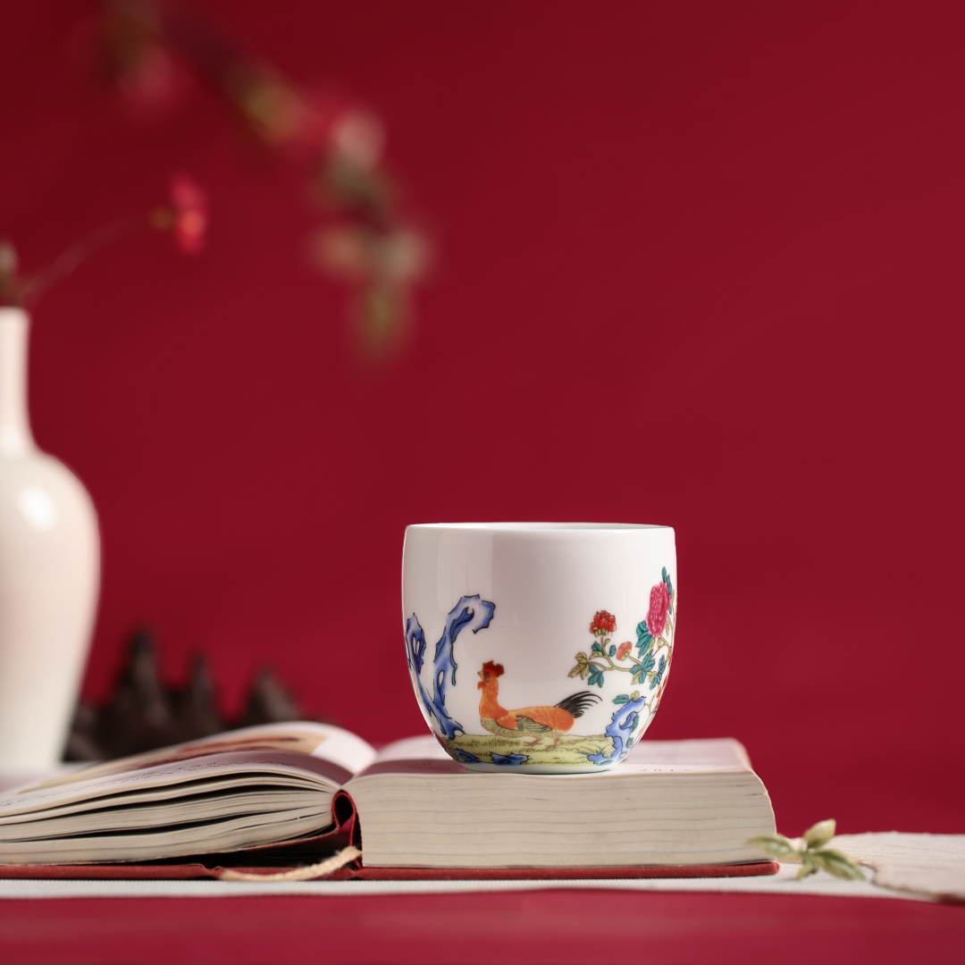 Famille Rose Chicken Cup with Calligraphy, 3.38 fl.oz. 100mL
