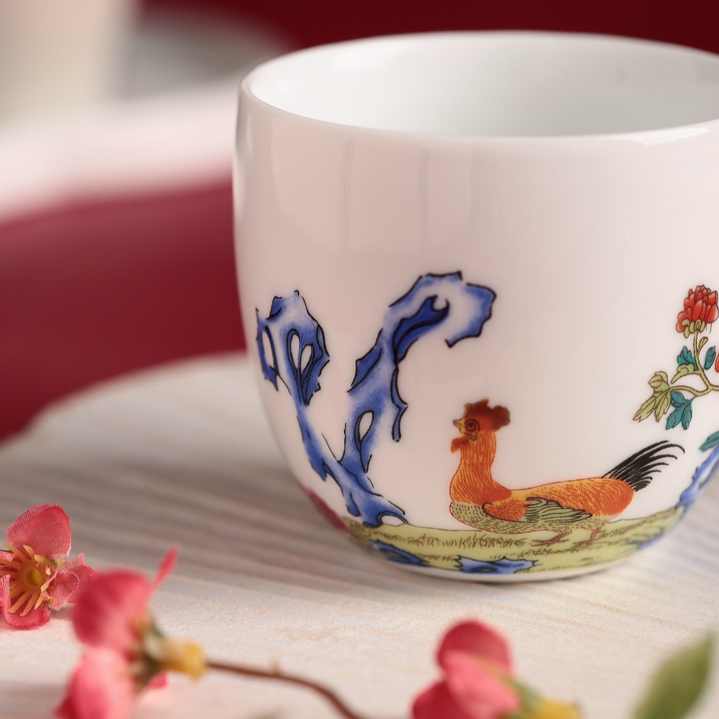 Famille Rose Chicken Cup with Calligraphy, 3.38 fl.oz. 100mL