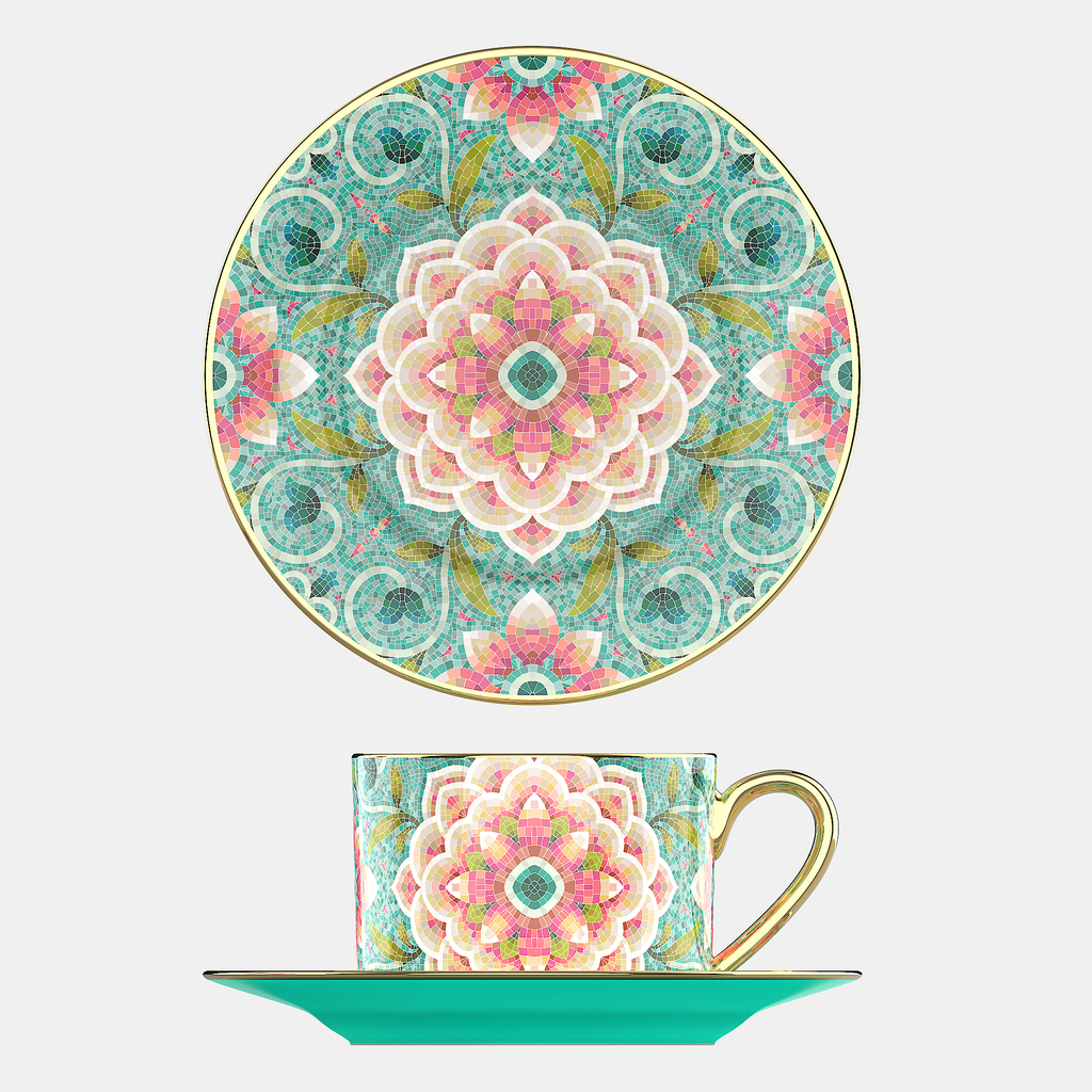 花園時光咖啡杯碟套裝，骨瓷，9.47 液體盎司（280 毫升） 