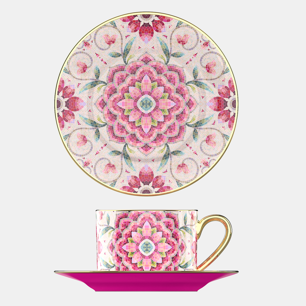 花園時光咖啡杯碟套裝，骨瓷，9.47 液體盎司（280 毫升） 