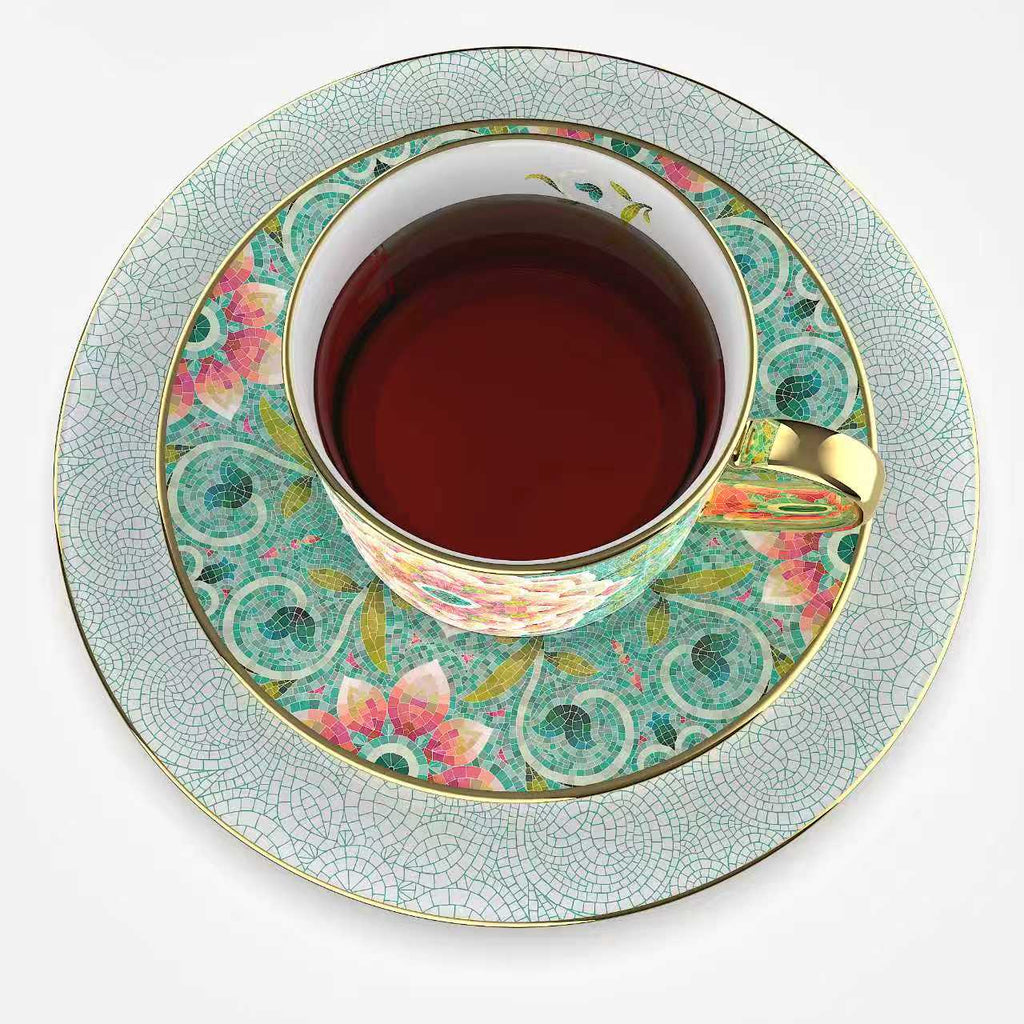 花園時光咖啡杯碟套裝，骨瓷，9.47 液體盎司（280 毫升） 