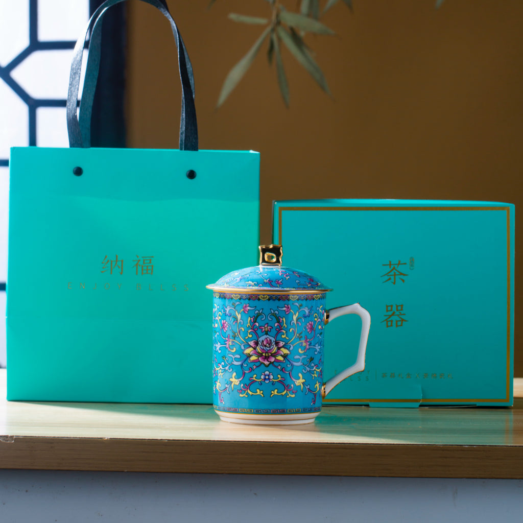 皇家藍琺瑯彩龍紋馬克杯，帶蓋，18.60 液體盎司/550毫升