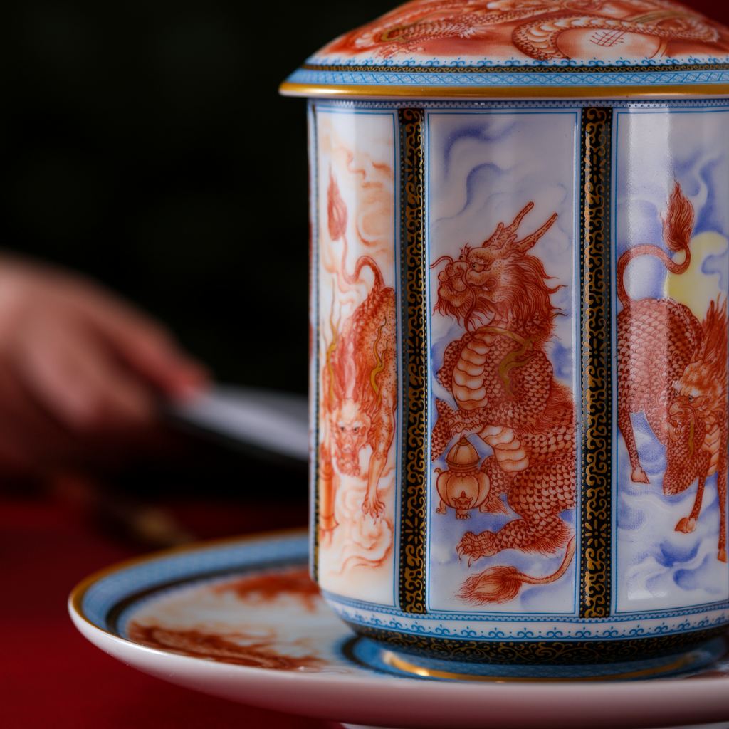 九龍紋三件組浮雕琺瑯杯，20.97 液體盎司/620毫升