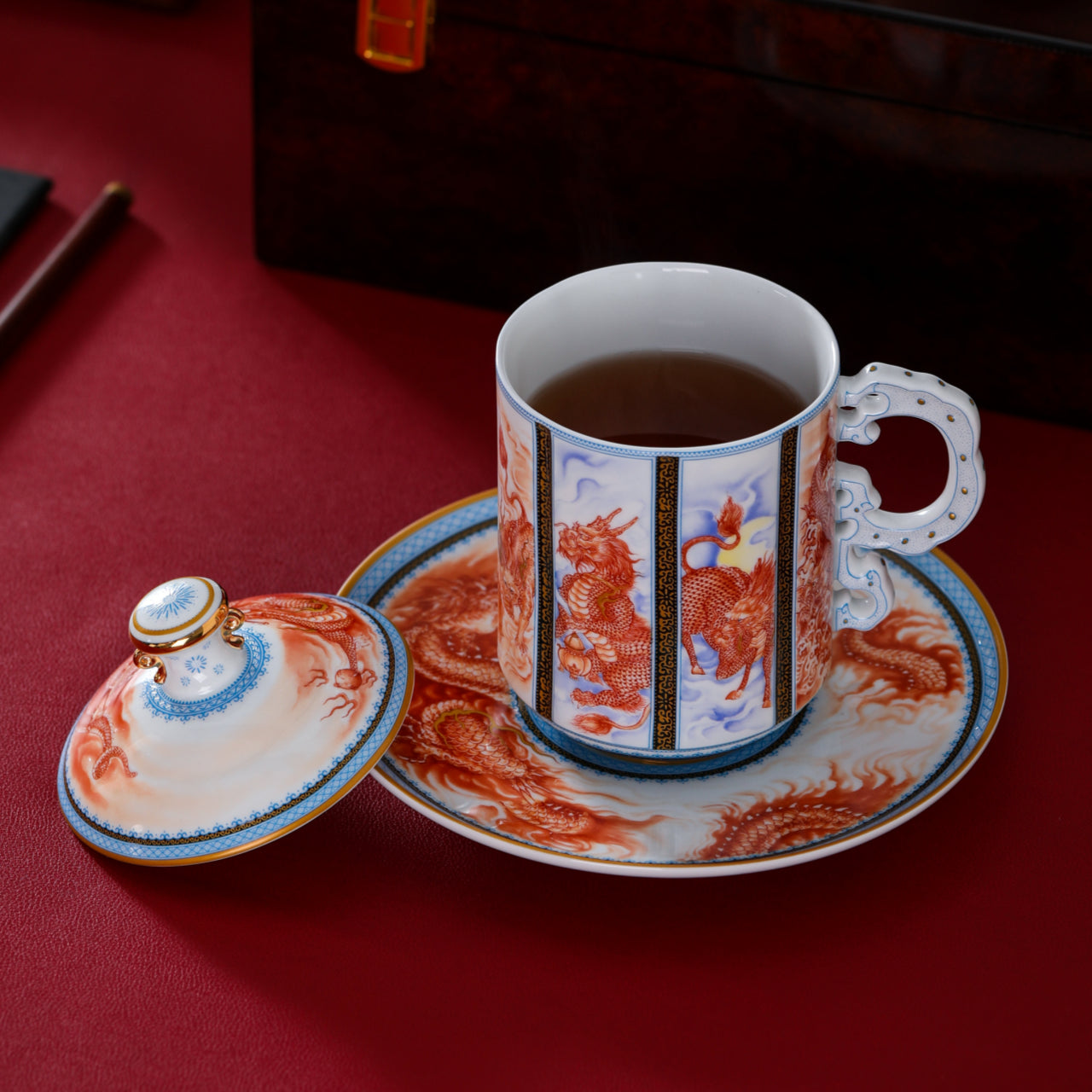 九龍紋三件組浮雕琺瑯杯，20.97 液體盎司/620毫升