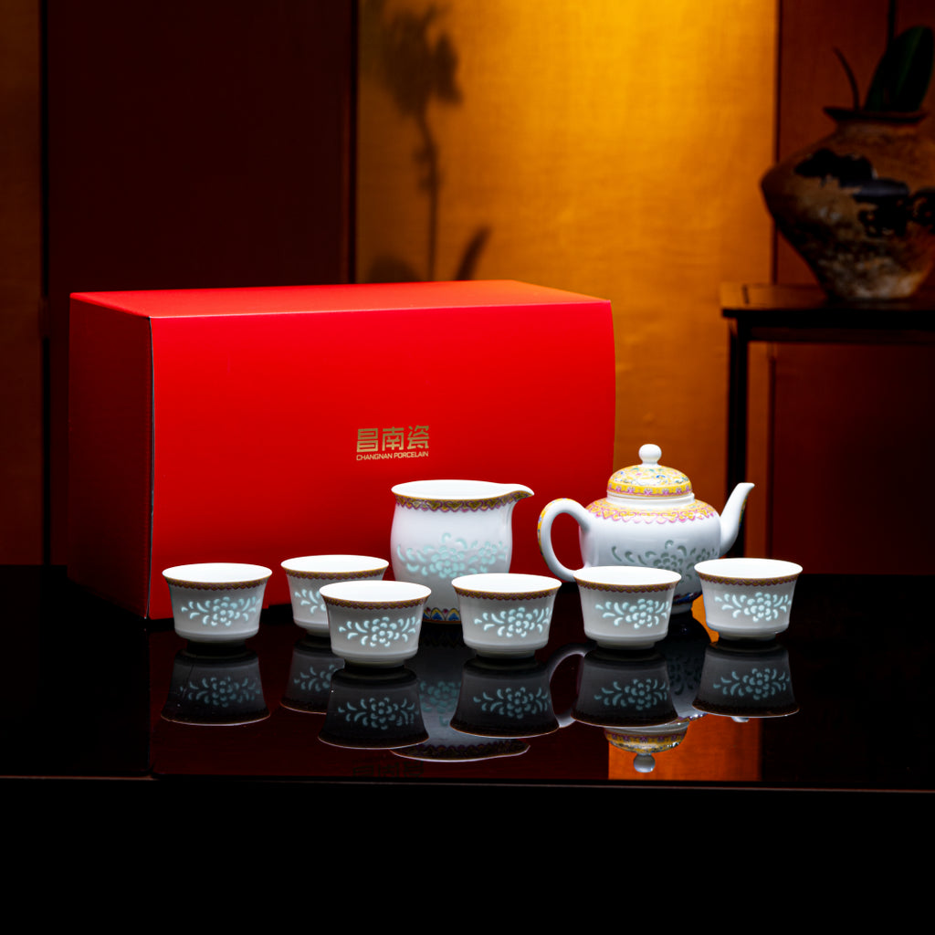 Imperial Yellow Enamel Rice-Pattern Tea Set, Fine White Porcelain, 8-Piece Set