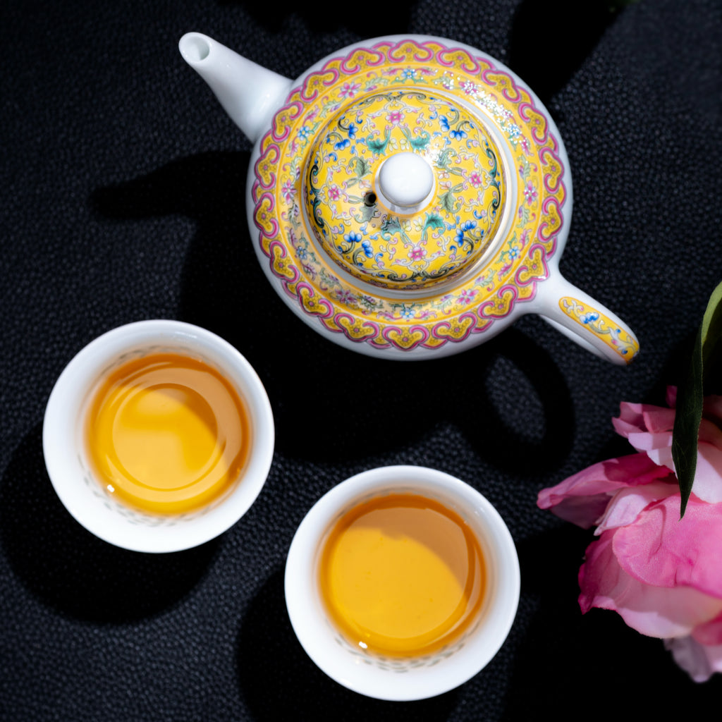 Imperial Yellow Enamel Rice-Pattern Tea Set, Fine White Porcelain, 8-Piece Set