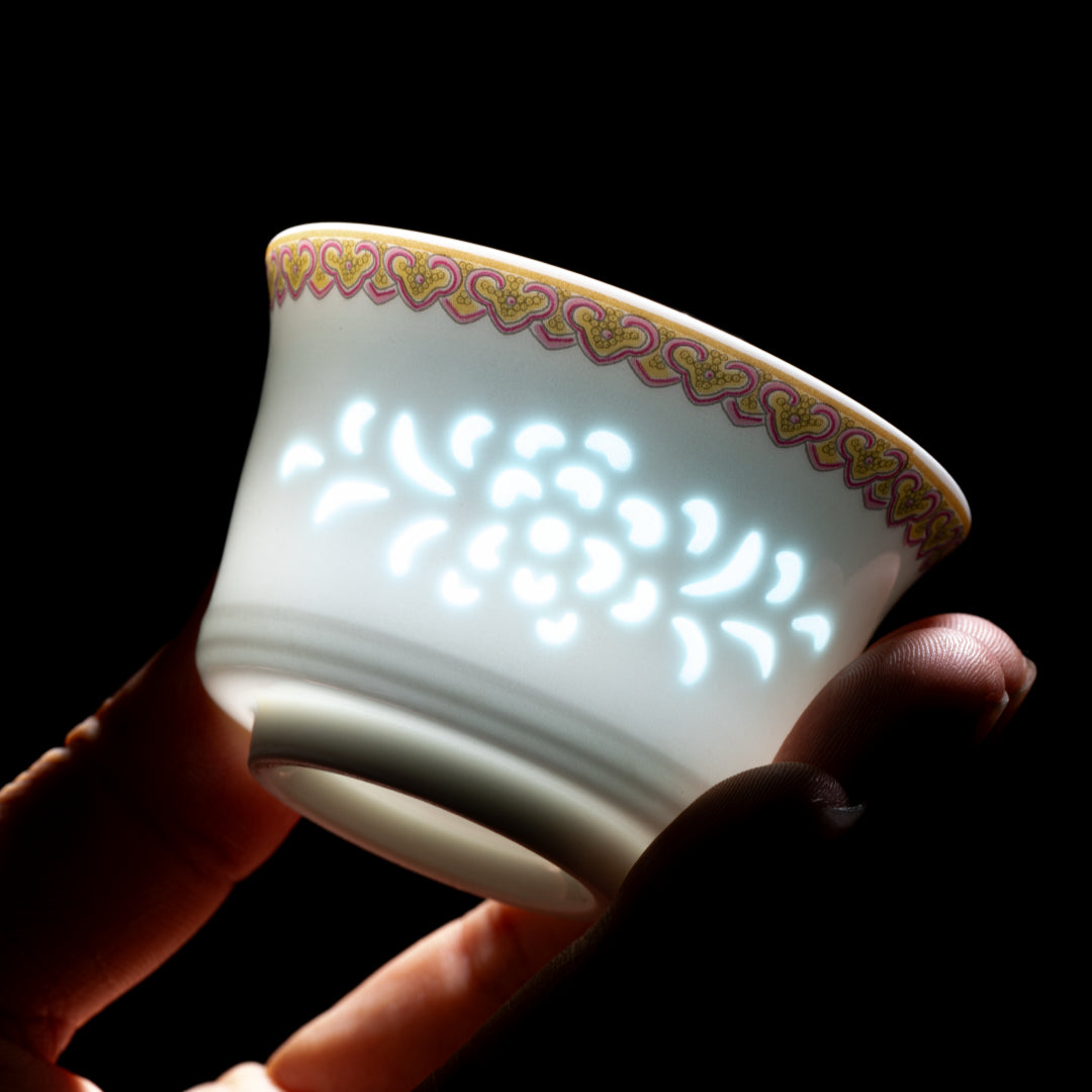 Imperial Yellow Enamel Rice-Pattern Tea Set, Fine White Porcelain, 8-Piece Set