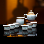 Imperial Yellow Enamel Rice-Pattern Tea Set, Fine White Porcelain, 8-Piece Set