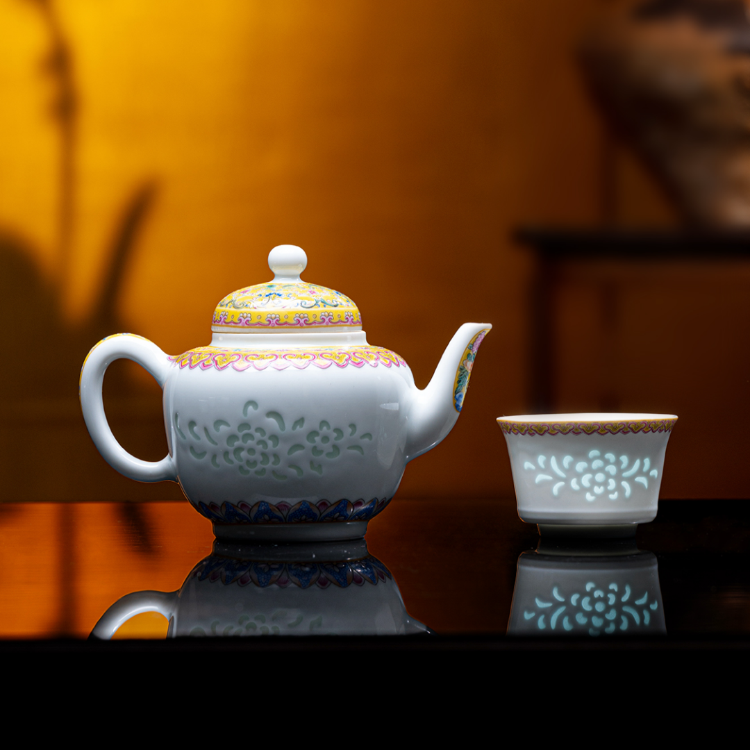 Imperial Yellow Enamel Rice-Pattern Tea Set, Fine White Porcelain, 8-Piece Set