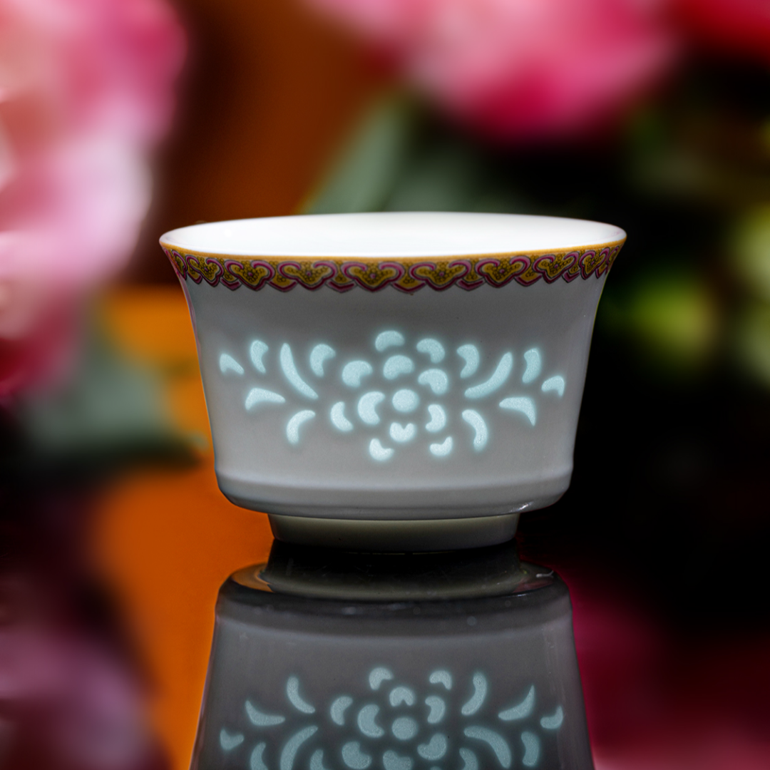 Imperial Yellow Enamel Rice-Pattern Tea Set, Fine White Porcelain, 8-Piece Set