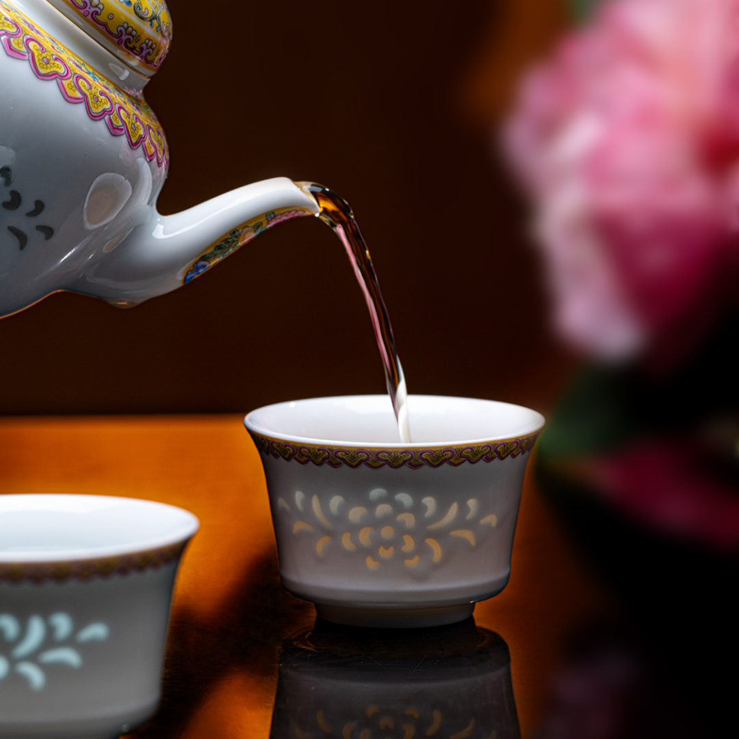 Imperial Yellow Enamel Rice-Pattern Tea Set, Fine White Porcelain, 8-Piece Set