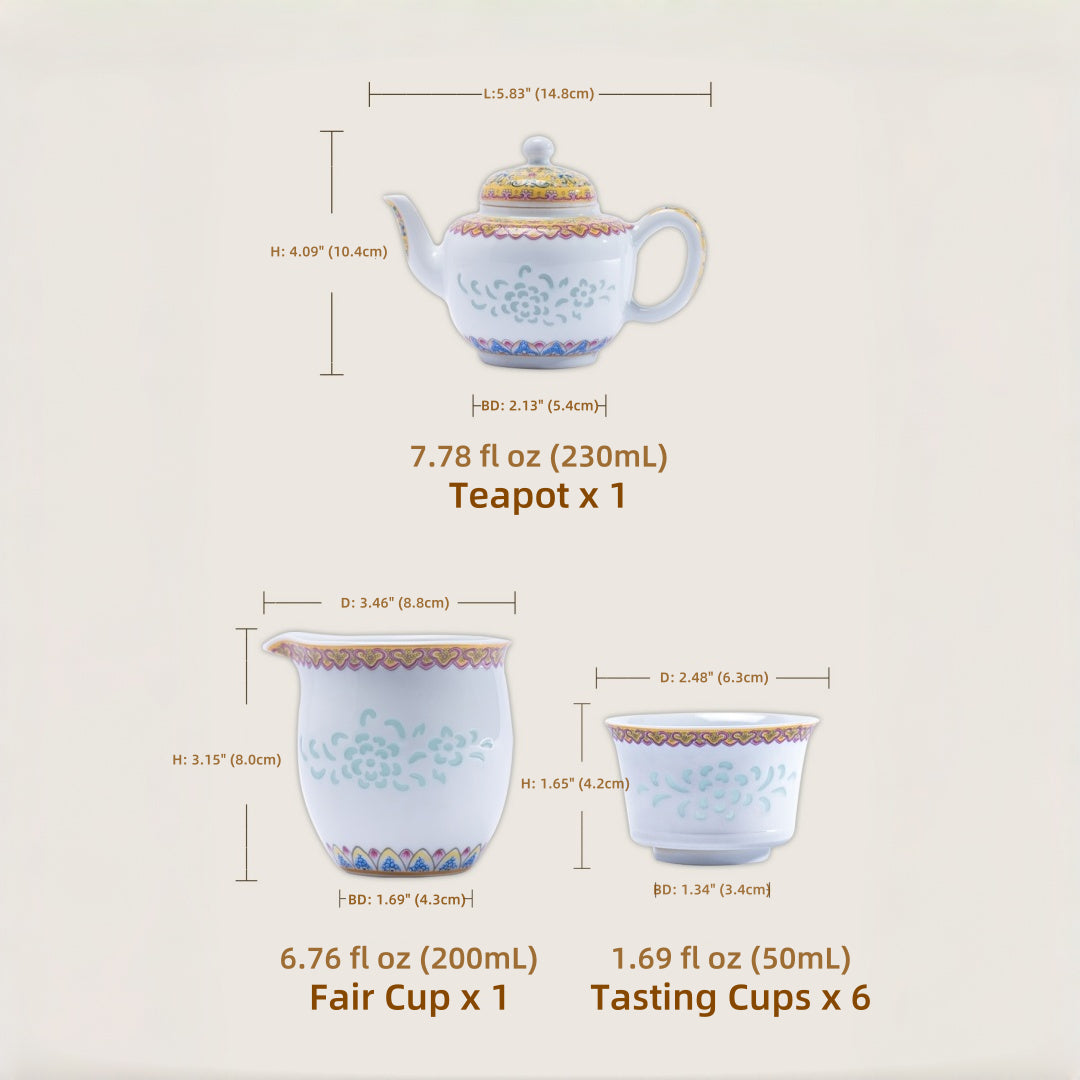 Imperial Yellow Enamel Rice-Pattern Tea Set, Fine White Porcelain, 8-Piece Set