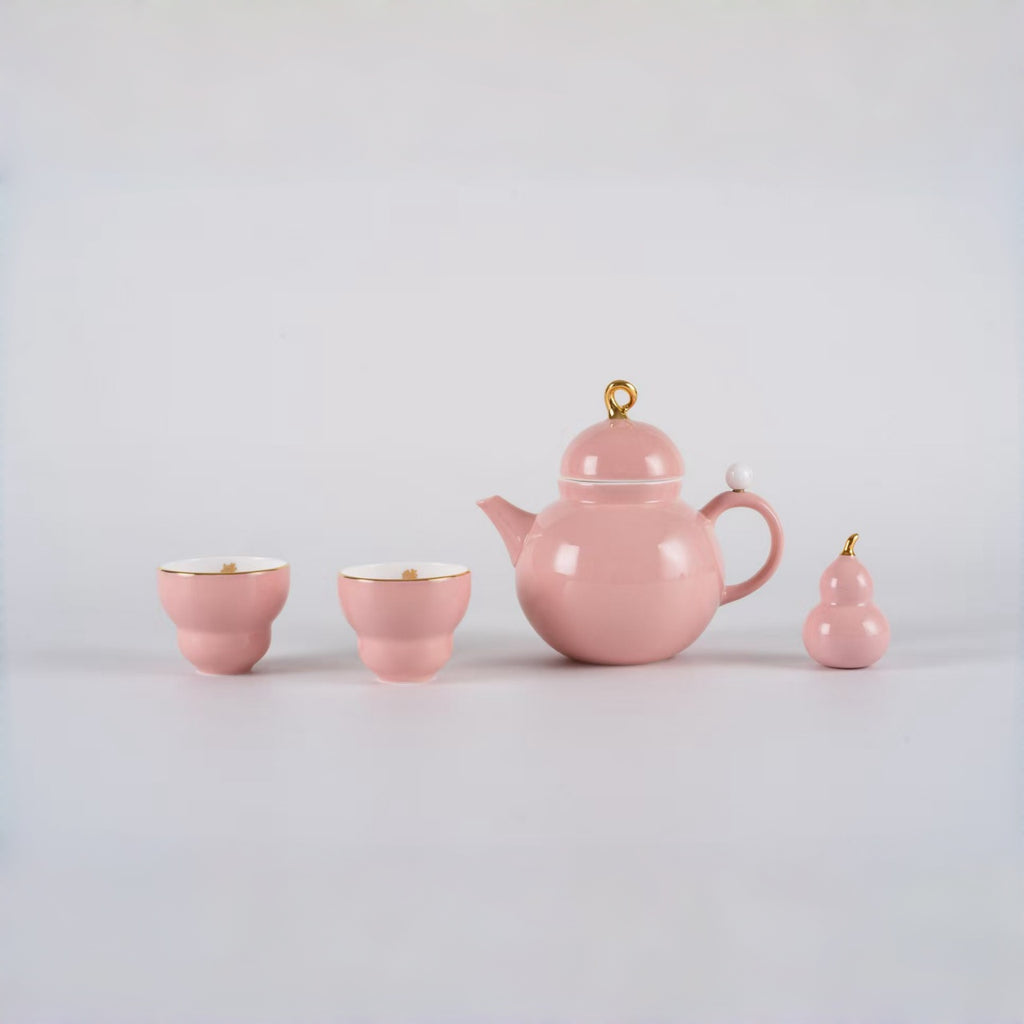 吉祥葫蘆茶具套裝（兩人份）：茶壺、茶杯、擺飾和杯墊