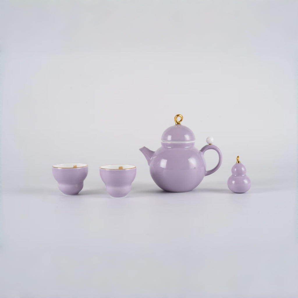 吉祥葫蘆茶具套裝（兩人份）：茶壺、茶杯、擺飾和杯墊