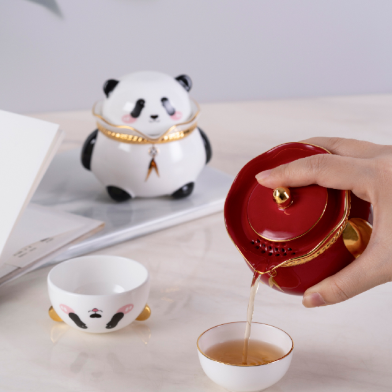 中國熊貓手提骨瓷茶具（3件組速泡茶具）