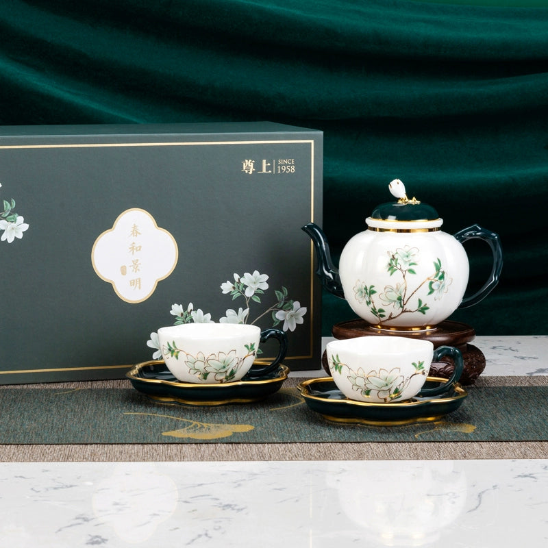 Spring Radiance Golden Sprig, Bone China Teapot and Teacup Saucer Set of 2