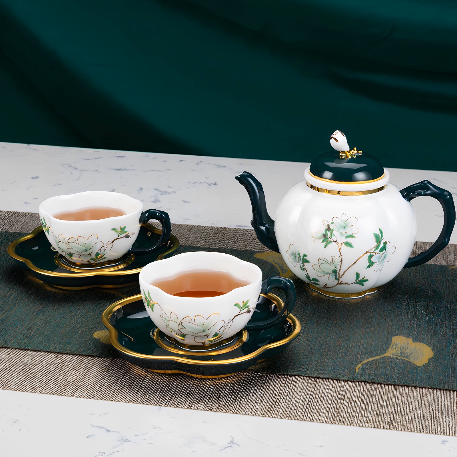 春季日光輝金枝骨瓷茶壺茶杯碟套組（2件）