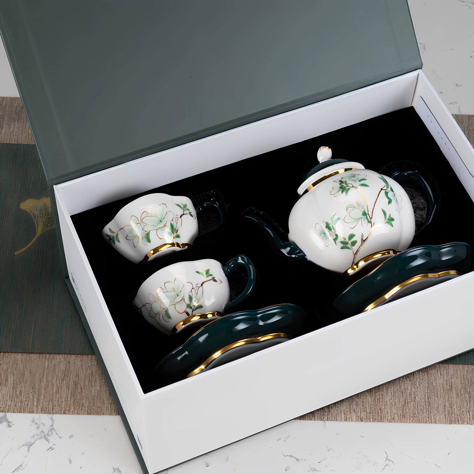 春季日光輝金枝骨瓷茶壺茶杯碟套組（2件）