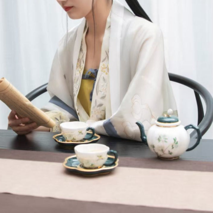 春季日光輝金枝骨瓷茶壺茶杯碟套組（2件）