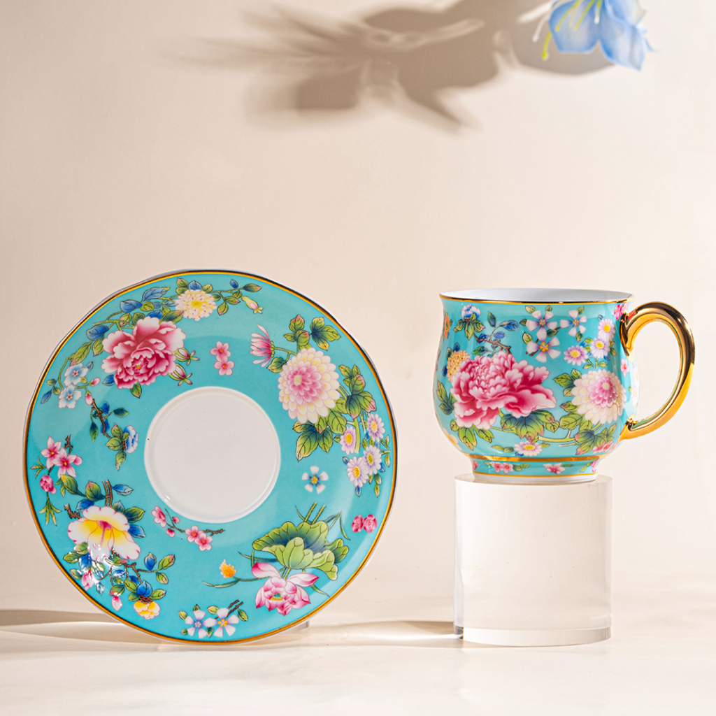 Spring Garden in Lake Blue | Painted Enamel Coffee Cup & Saucer, Grace/Classic Cups