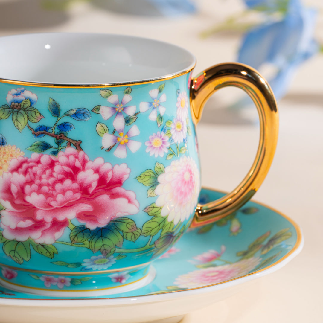 Spring Garden in Lake Blue | Painted Enamel Coffee Cup & Saucer, Grace/Classic Cups