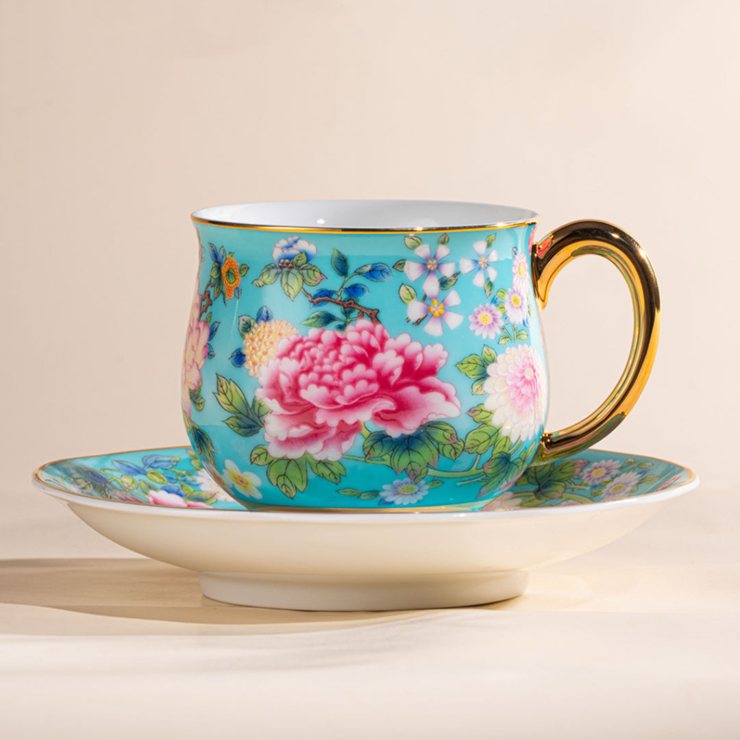 Spring Garden in Lake Blue | Painted Enamel Coffee Cup & Saucer, Grace/Classic Cups