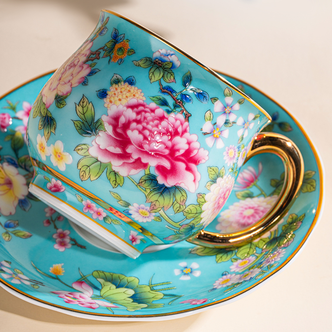 Spring Garden in Lake Blue | Painted Enamel Coffee Cup & Saucer, Grace/Classic Cups
