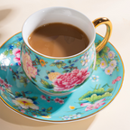 Spring Garden in Lake Blue | Painted Enamel Coffee Cup & Saucer, Grace/Classic Cups