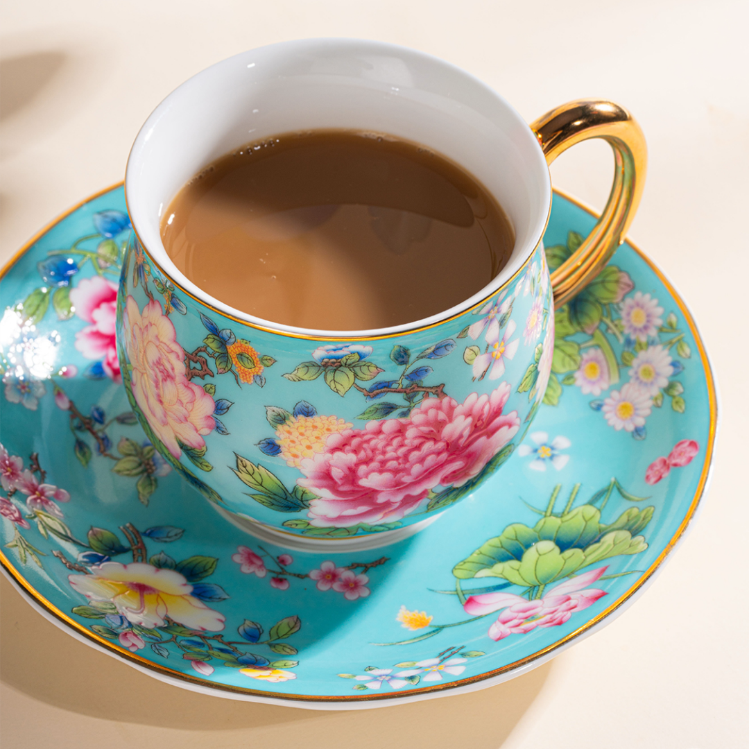 Spring Garden in Lake Blue | Painted Enamel Coffee Cup & Saucer, Grace/Classic Cups