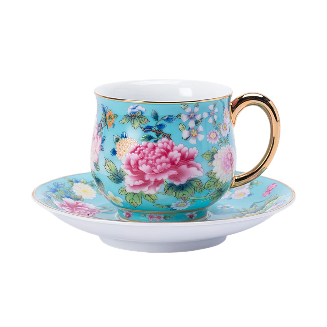 Spring Garden in Lake Blue | Painted Enamel Coffee Cup & Saucer, Grace/Classic Cups