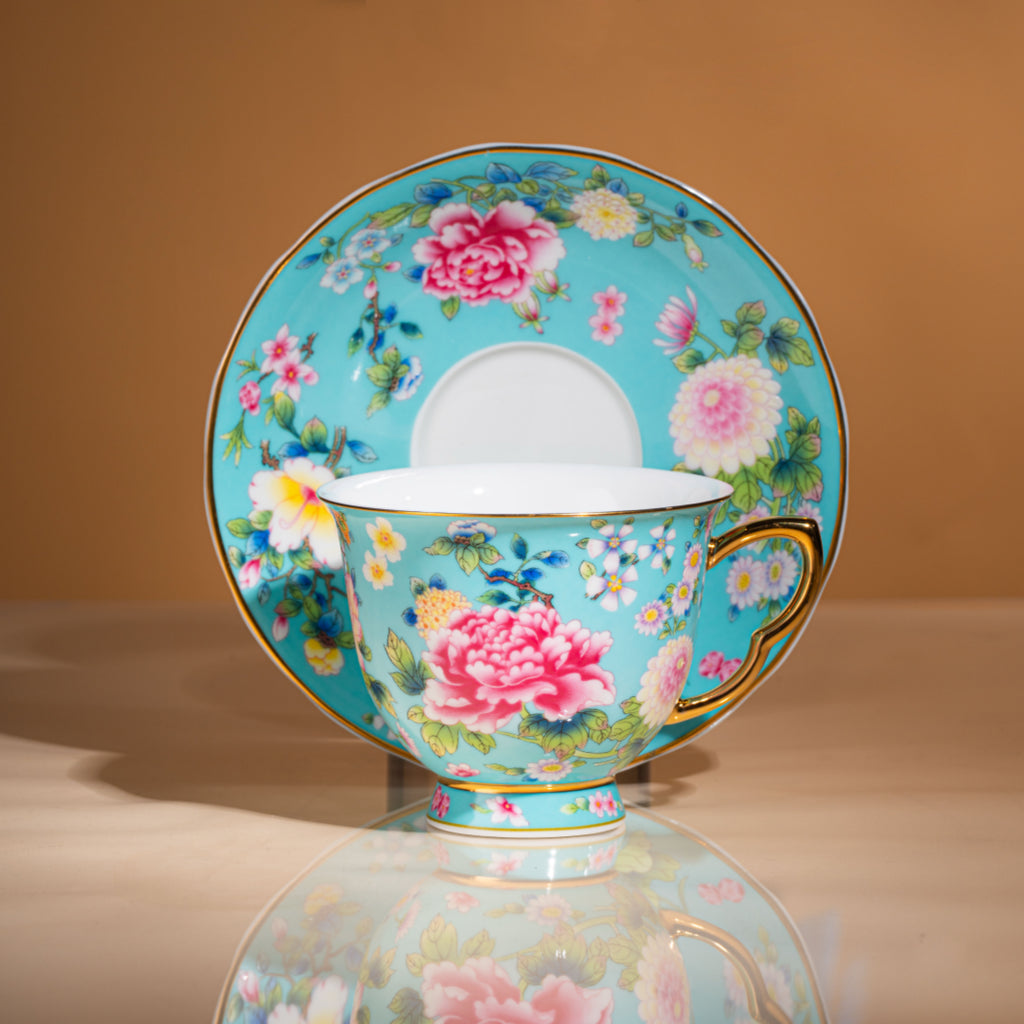 Spring Garden in Lake Blue | Painted Enamel Coffee Cup & Saucer, Grace/Classic Cups