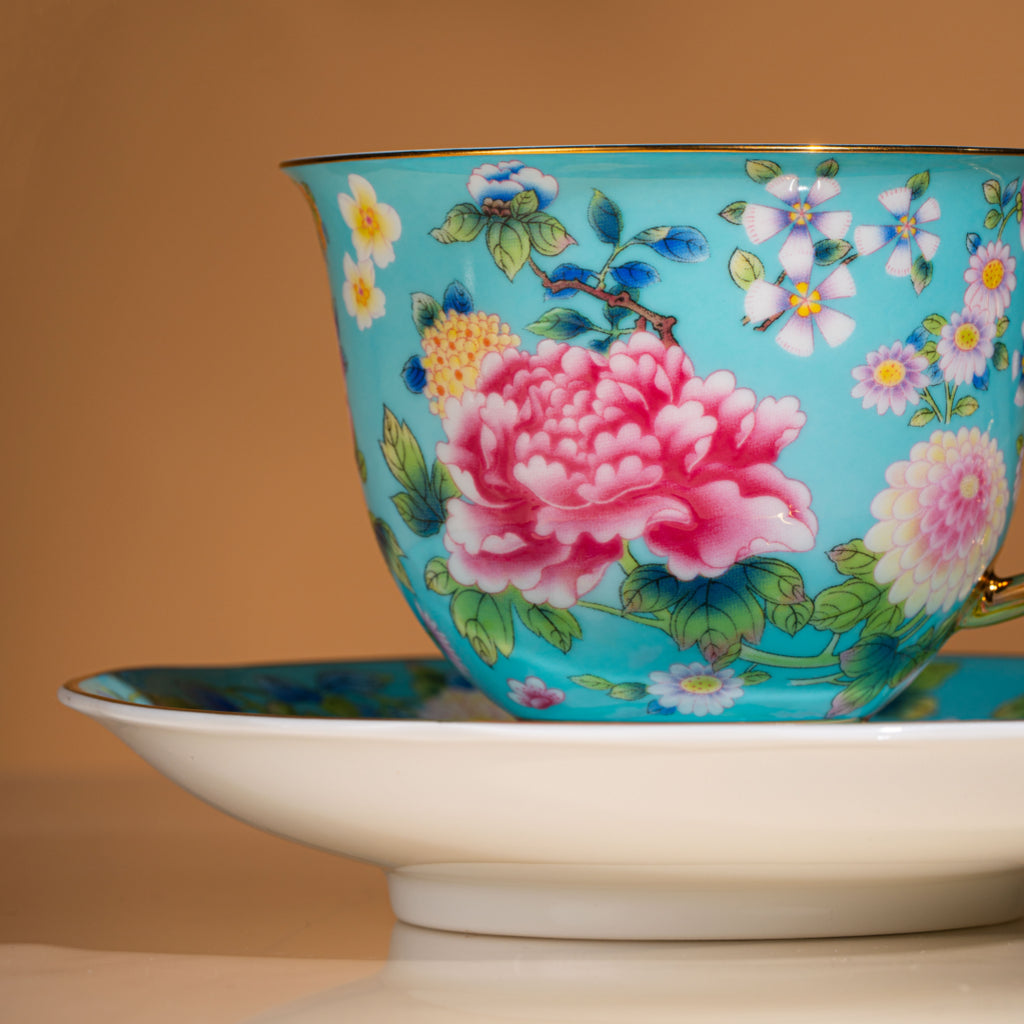 Spring Garden in Lake Blue | Painted Enamel Coffee Cup & Saucer, Grace/Classic Cups