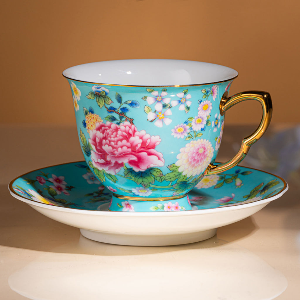 Spring Garden in Lake Blue | Painted Enamel Coffee Cup & Saucer, Grace/Classic Cups