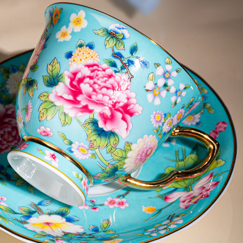 Spring Garden in Lake Blue | Painted Enamel Coffee Cup & Saucer, Grace/Classic Cups