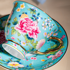Spring Garden in Lake Blue | Painted Enamel Coffee Cup & Saucer, Grace/Classic Cups