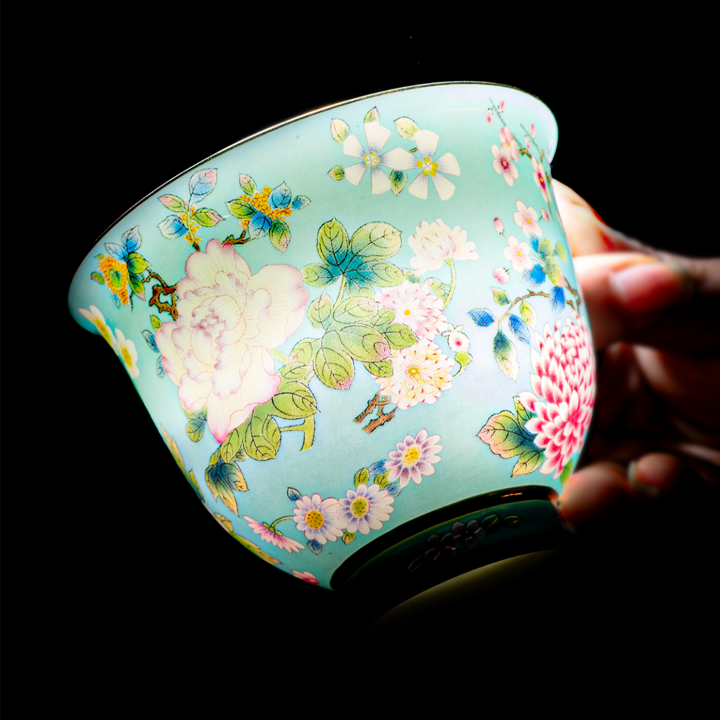 Spring Garden in Lake Blue | Painted Enamel Coffee Cup & Saucer, Grace/Classic Cups