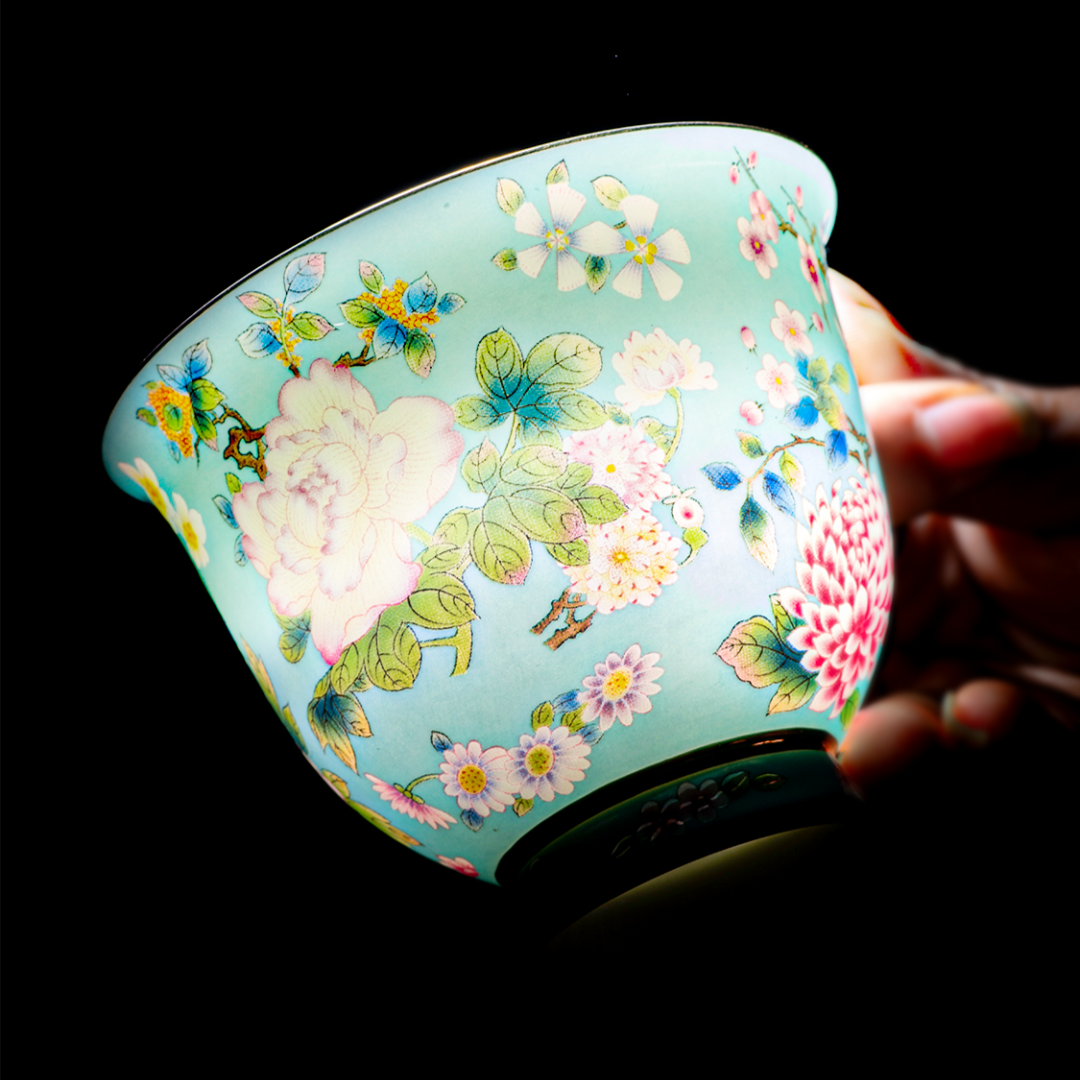 Spring Garden in Lake Blue | Painted Enamel Coffee Cup & Saucer, Grace/Classic Cups