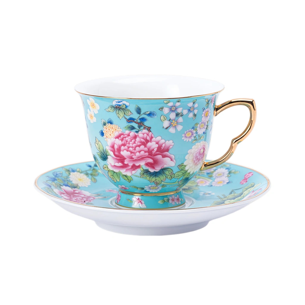 Spring Garden in Lake Blue | Painted Enamel Coffee Cup & Saucer, Grace/Classic Cups