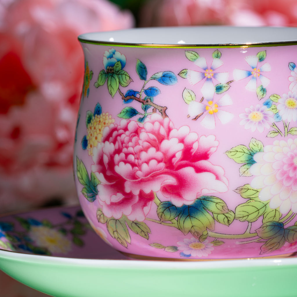 Spring Garden in Pink | Painted Enamel Coffee Cup & Saucer, Grace/Classic Cups
