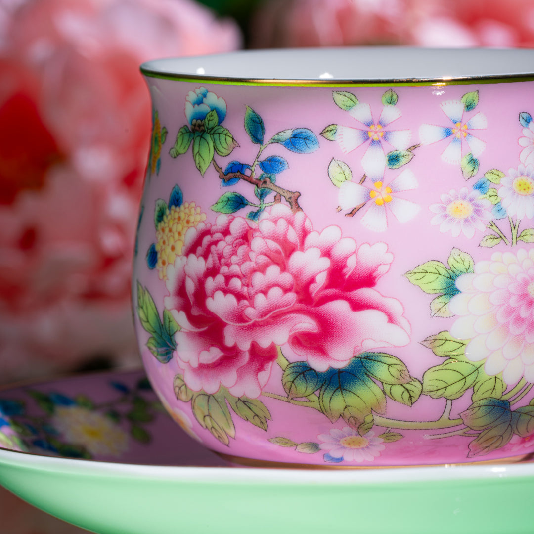 Spring Garden in Pink | Painted Enamel Coffee Cup & Saucer, Grace/Classic Cups