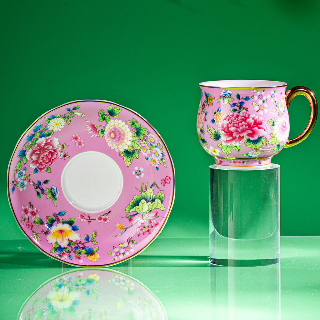 Spring Garden in Pink | Painted Enamel Coffee Cup & Saucer, Grace/Classic Cups
