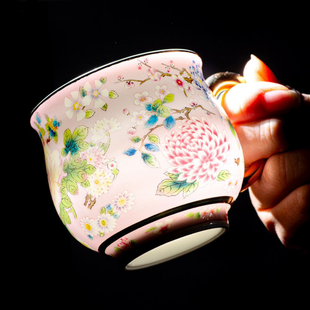 Spring Garden in Pink | Painted Enamel Coffee Cup & Saucer, Grace/Classic Cups