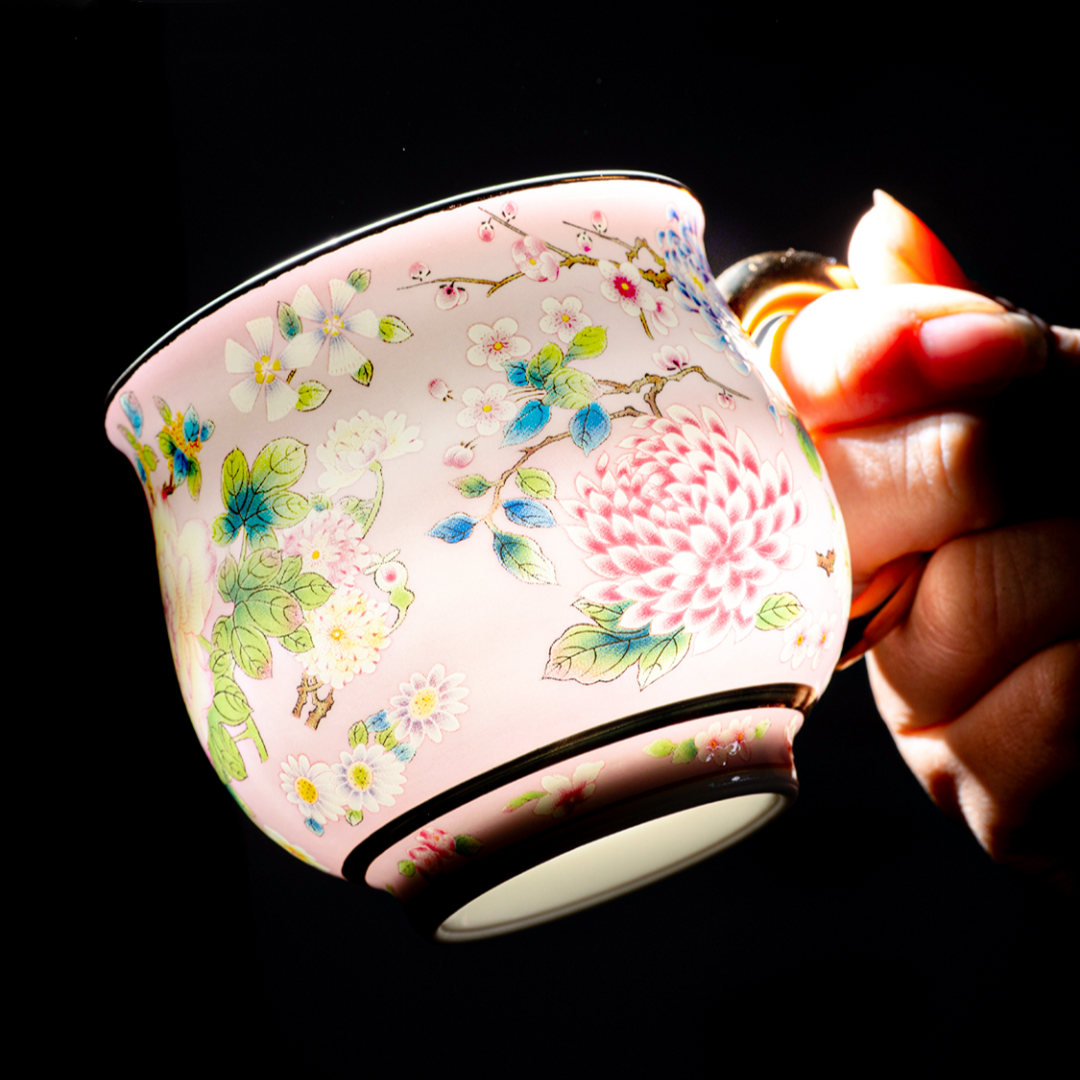 Spring Garden in Pink | Painted Enamel Coffee Cup & Saucer, Grace/Classic Cups
