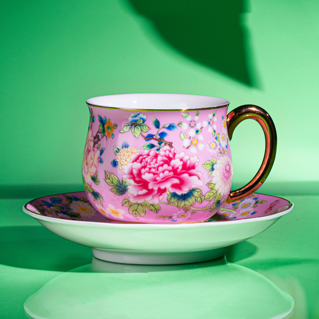 Spring Garden in Pink | Painted Enamel Coffee Cup & Saucer, Grace/Classic Cups